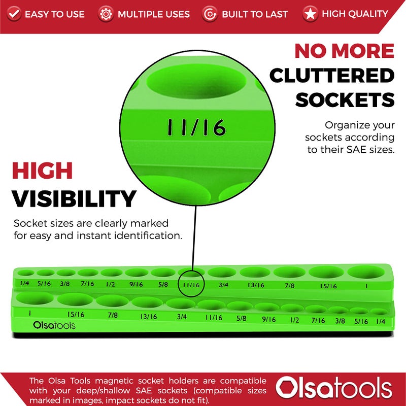 Olsa Tools Magnetic Socket Organizer | 3/8-inch Drive | SAE | Green | Holds 26 Sockets | Professional Quality Tools Organizer - Image 2